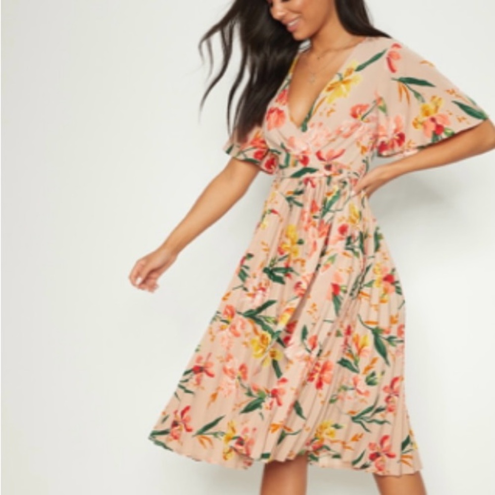 Pink Floral Pleated Midi Dress